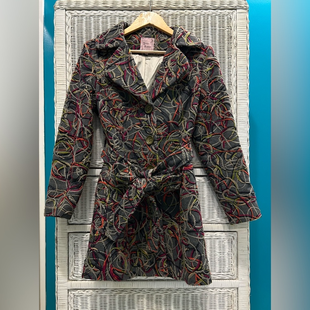 Anthropologie Young Essence Grey and Colorful Embroidered Peacoat|Size M|Pre-own